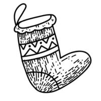 Hand drawn Christmas sock in cartoon doodle style. Sketch linear black illustration vector