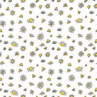 Seamless pattern with doodle black daisies on a white background. Chamomile linear ink flower wallpaper vector