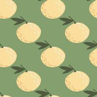 Minimalistic seamless pattern with stylized citrus mandarin silhouettes. Light yellow shapes on green background. vector