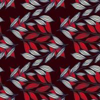 Doodle seamless pattern with contoured leaves branches. Foliage in red and blue colors on black background. vector