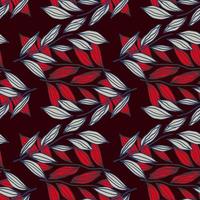 Doodle seamless pattern with contoured leaves branches. Foliage in red and blue colors on black background. vector