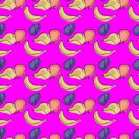 Natural seamless pattern with organic abstract bananas, plums, pears and apples shapes. Pink background. vector