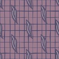 Dark purple seamless doodle pattern with simple leaves ornament. Purple chequered background. vector