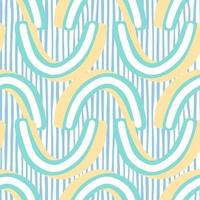 Funny geometric seamless pattern with blue and orange colored 3d shapes print. Blue striped background. vector