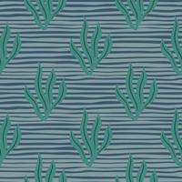 Seamless botanic aqua pattern with green seaweeds doodle ornament. Blue pale striped background. Simple print. vector