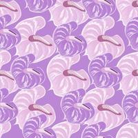 Abstract lilac anthurium flowers seamless pattern. Tropical botanical wallpaper. Trendy exotic hawaiian plants backdrop. vector