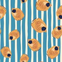 Abstract marine seamless pattern with random orange butterfly fish elements. Blue striped background. vector