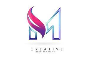 Outline Vector illustration of abstract letter M with colorful flames and gradient Swoosh design.