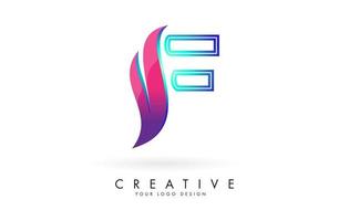 Outline Vector illustration of abstract letter F with colorful flames and gradient Swoosh design.