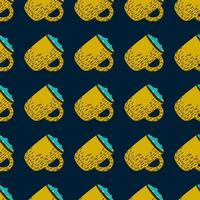 Yellow hot chocolate cup ornament seamless doodle pattern. Navy blue dark background. vector