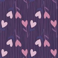 Simple floral seamless pattern navy light pink and lilac flowers with hearts. Purple background with strips. vector