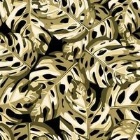 Seamless botanic random pattern with gold monstera leaves. Black background. vector