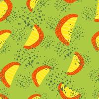 Random summer seamless pattern with fruit slices silhouettes. Yellow and red color fruit figures on green background with splashes. vector