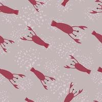 Seamless pattern with dark pink doodle lobster shapes. Grey background with splashes. Random aquatic print. vector