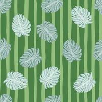 Random blue monstera leaves print seamless doodle pattern. Green striped background. vector