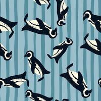 Seamless random pattern with doodle simple penguins shapes. Blue striped background. Simple design. vector