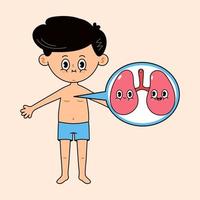Man with lungs icon in a bubble. Vector hand drawn doodle style traditional cartoon vintage, retro character illustration icon design. Cute boy and lungs mascot character