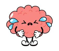 Cute funny crying sad brain character. Vector hand drawn traditional cartoon vintage, retro, kawaii character illustration icon. Isolated on white background. Cry brain character concept