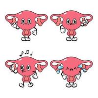 Funny cute uterus character bundle set. Vector hand drawn doodle style traditional cartoon vintage, retro character illustration icon design. Isolated white background. Uterus mascot character