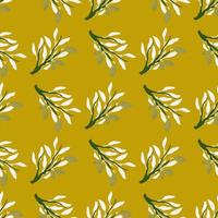 Summer seamless food pattern with white branches and lemon silhouettes. Yellow pale background. vector