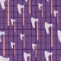 Seamless stylized random pattern wit hand drawn viking ax elements. Nordic print on purple chequered background. vector