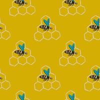 Simple bright summer seamless bee pattern. Honeycombs and insect ornament on yellow background. vector