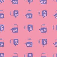 Seamless pattern with teapots doodle ornament. Kettles in blue color on pink background. Simple backdrop. vector