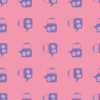 Seamless pattern with teapots doodle ornament. Kettles in blue color on pink background. Simple backdrop. vector