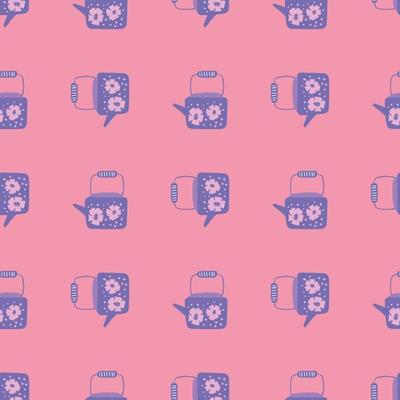 Seamless pattern with teapots doodle ornament. Kettles in blue color on pink background. Simple backdrop.