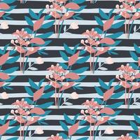 Contrast pink and blue forest bouquet silhouettes seamless pattern. Monochrome background with black and white strips. vector