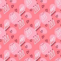 Bright crown and heart elements seamless doodle pattern. White hand drawn silhouettes on pink background. vector
