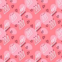 Bright crown and heart elements seamless doodle pattern. White hand drawn silhouettes on pink background. vector