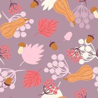 Autumnal seamless pattern on violet background. Random template with maple leaf, pumpkin, acorn and rowan. vector