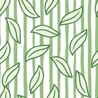 Geometric seamlesspattern with doodle outline leaf shapes print. Green striped background. vector