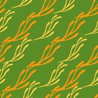 Abstract botanic seamless pattern with doodle yellow and orange branches shapes. Bright green background. vector