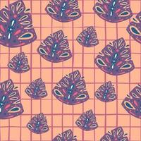 aleatorio púrpura pastel abstracto folk monstera ornamento de patrones sin fisuras. fondo rosa a cuadros. vector