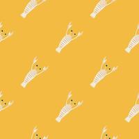 Seamless minimalistic pattern with white doodle lobster shapes. Yellow background. Simple bright aquatic print. vector