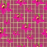 Random pink orchid flowers doodle seamless pattern. Chequered background. Decorative nature print. vector