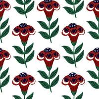 Isolated seamless doodle pattern with red folk flowers silhouettes. White background. Flora backdrop. vector