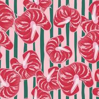 Retro anthurium flowers seamless pattern on stripe background. Exotic hawaiian plants backdrop. Vintage tropical botanical wallpaper. vector