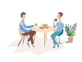 Two men are talking at a table in a cafe. vector