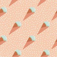 Ice cream seamless pattern. Pink background with white dots and turquoise cream in waffle cone. vector