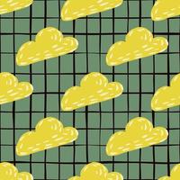 Bright seamless cartoon pattern with simple hand drawn yellow clouds silhouettes. Green chequered background. vector