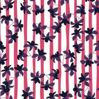 Dark purple hawaii lowers tropic seamless pattern. Random print on pink and white striped background. vector