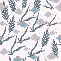 Seamless random pattern with pale navy blue fishes and seaweeds. White background. Marine backdrop. vector