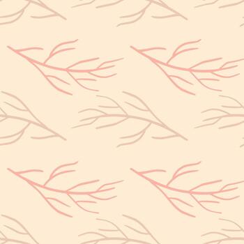 Pastel tones seamless botanic pattern with simple branches silhouettes print. Pink light palette backdrop. vector