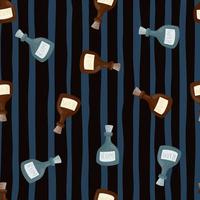 Random seamless patternn with doodle rum bottle shapes print. Dark blue striped background. Abstract print. vector