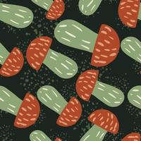 Seamless autumn pattern with red and green colored fungus mushroom ornament. Black background. vector