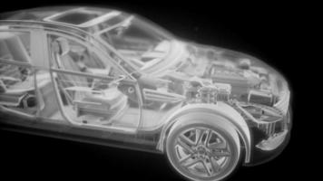 Holographic animation of 3D wireframe car model with engine video