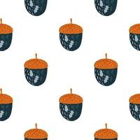 Isolated seamless forest pattern with doodle brown and navy colored acorn silhouettes. White background. vector